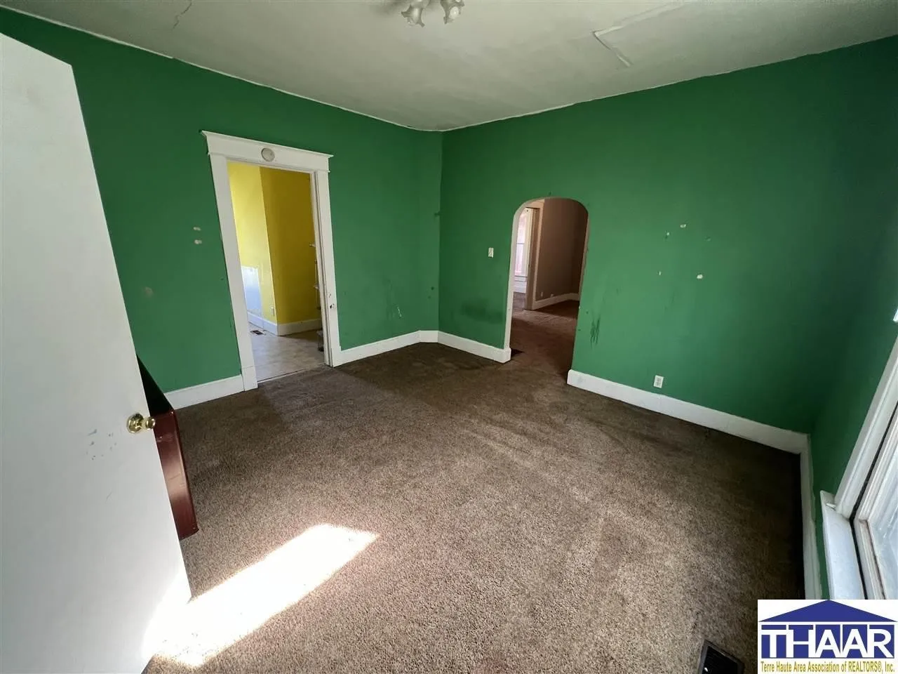 A room with green walls and brown carpet.