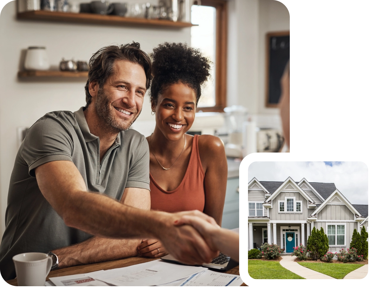 A couple smiling and shaking hands with a real estate agent across a table, with a small photo of a house in the corner.