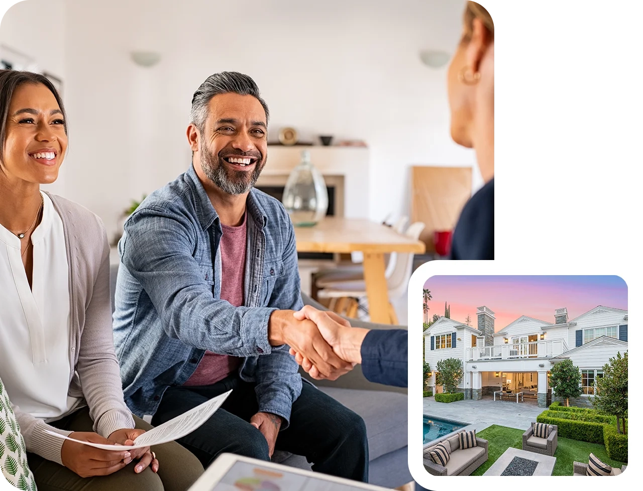 A couple sits with an advisor, shaking hands and holding documents, eager about buying a house. An inset image shows a large house with a swimming pool and outdoor furniture, their dream home coming into focus.