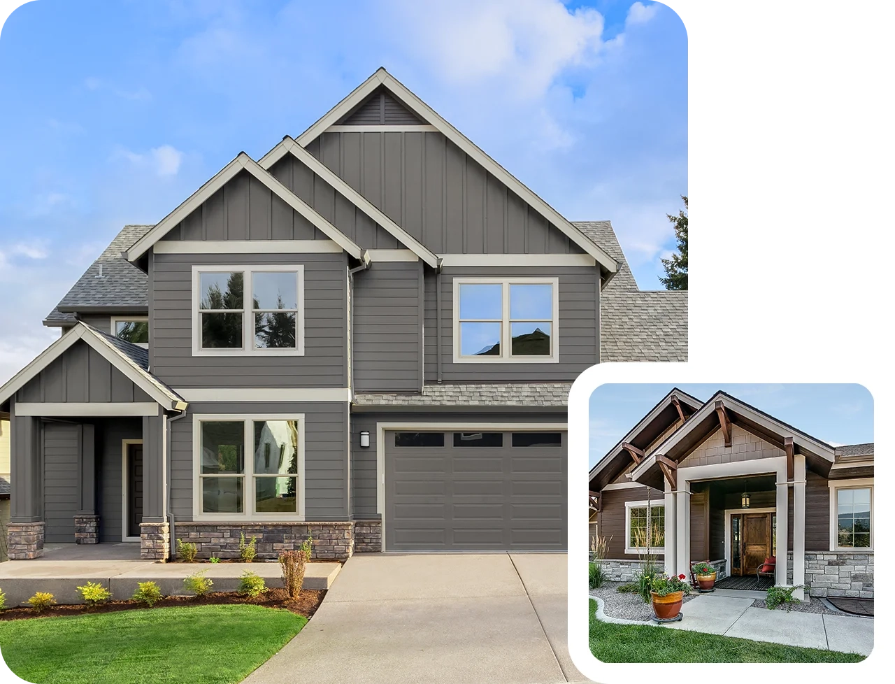 A modern two-story gray house with a garage and a small front yard, perfect for those buying a house. An inset image showcases a cozy porch with a door, potted plants, and an inviting lamp.