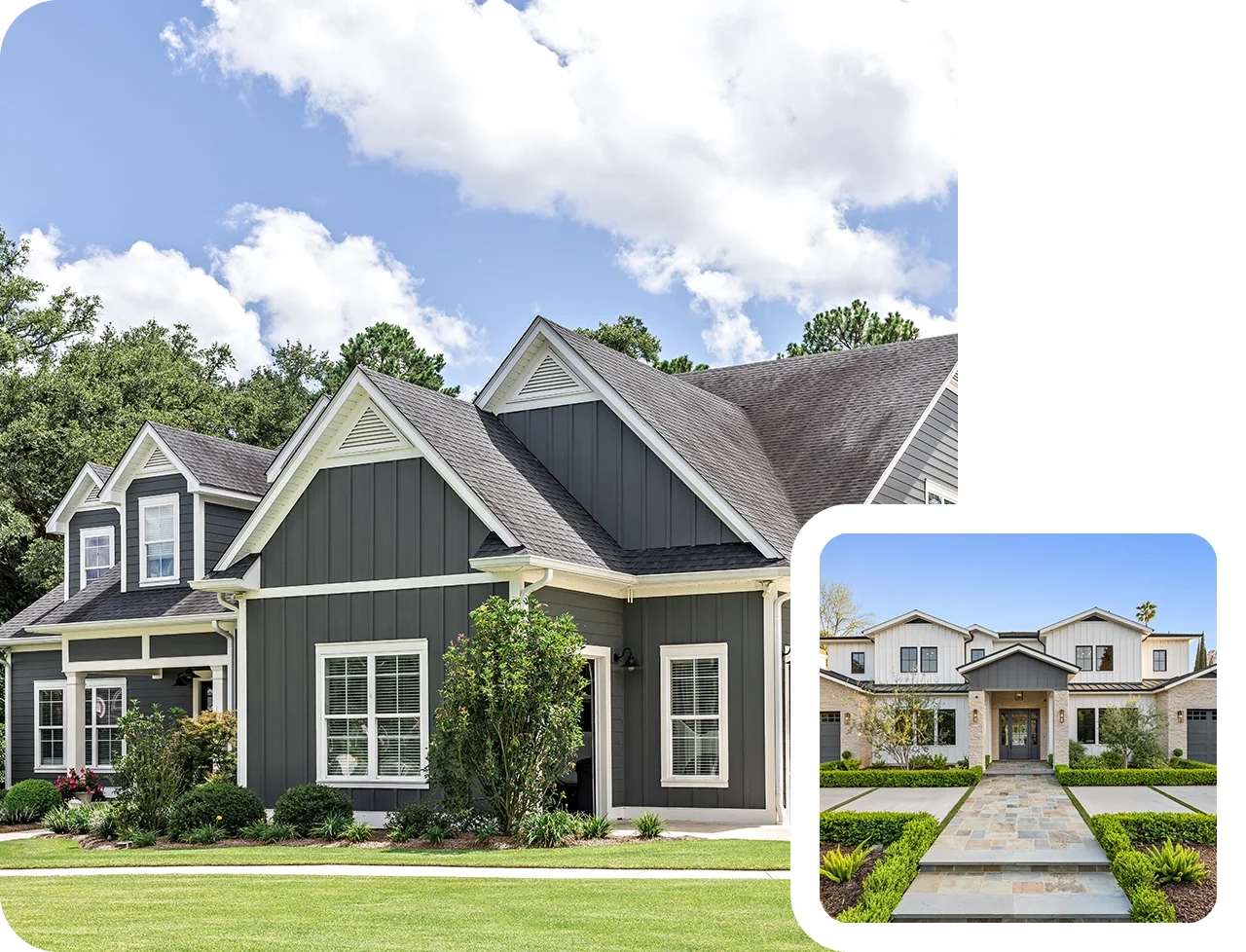 A modern two-story house with dark siding, large windows, and a manicured lawn sets the stage for standout real estate listings. An inset image showcases a similar home with light siding and a paved walkway, highlighting the variety in architectural styles offered.