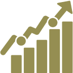 A gold colored bar graph with an arrow going up.