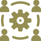 A black and gold background with people in the center.